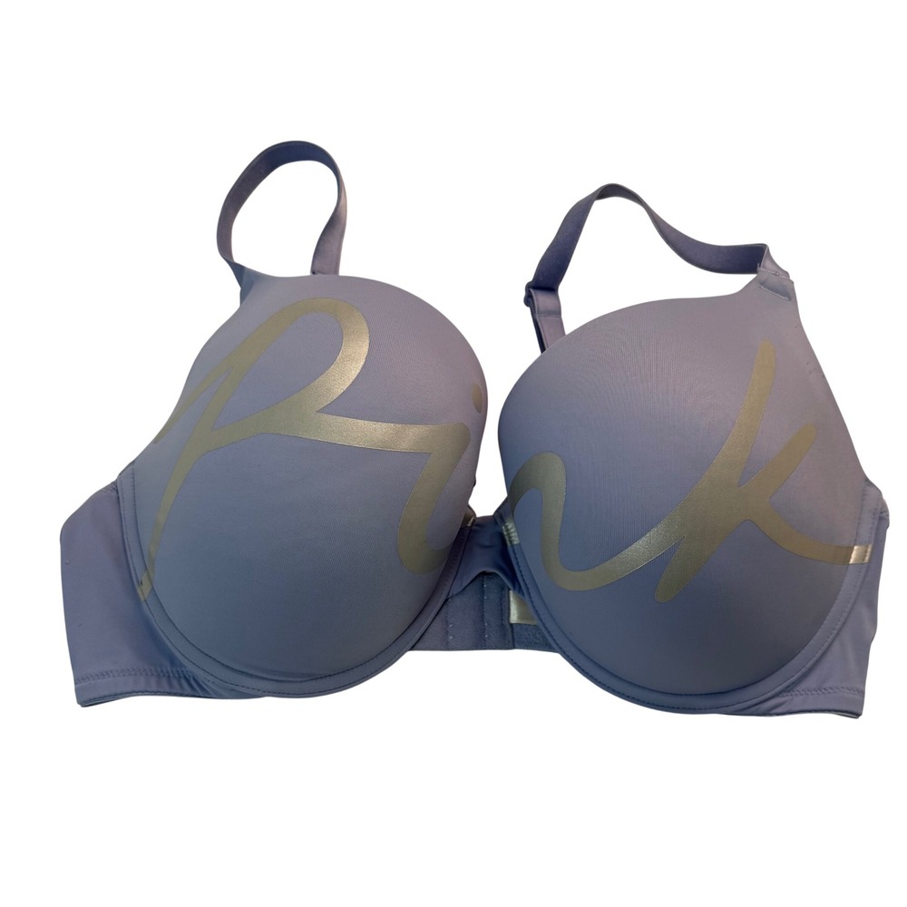 Victoria's Secret PINK Wear Everywhere Push-Up Bra 36DD Blue Silver Logo Graphic